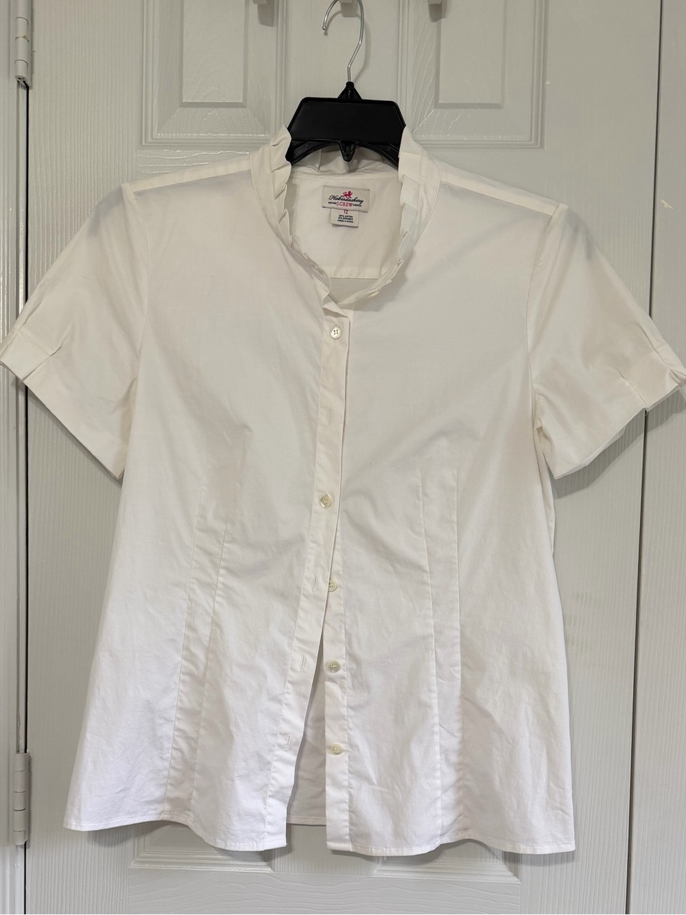 J Crew Factory Heritage Womens 12 White Ruffle Collar Button Front Shirt Stretch